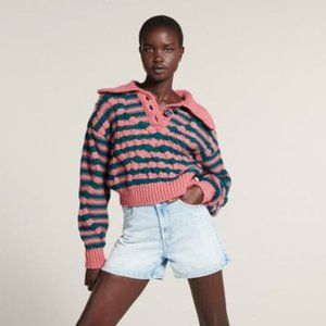 Zara STRIPED CABLE KNIT SWEATER | Small